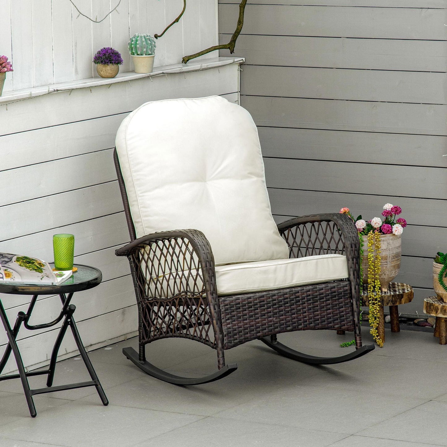 Outsunny Outdoor Wicker Rocking Chair with Wide Seat, Thick, Soft Cushion, Rattan Rocker w/Steel Frame, High Weight Capacity for Patio, Garden, Backyard, Cream White himalipasal