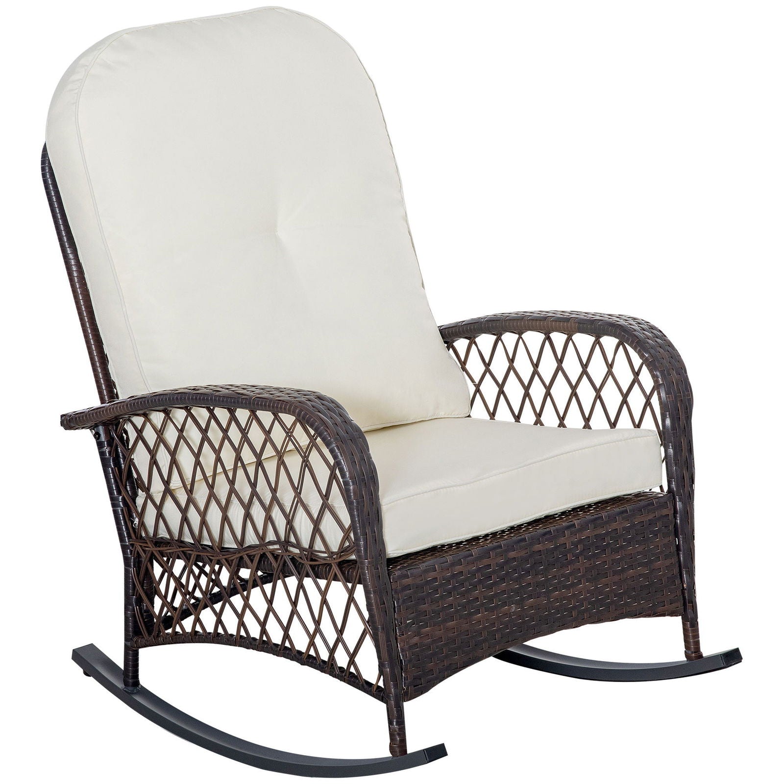 Outsunny Outdoor Wicker Rocking Chair with Wide Seat, Thick, Soft Cushion, Rattan Rocker w/Steel Frame, High Weight Capacity for Patio, Garden, Backyard, Cream White himalipasal