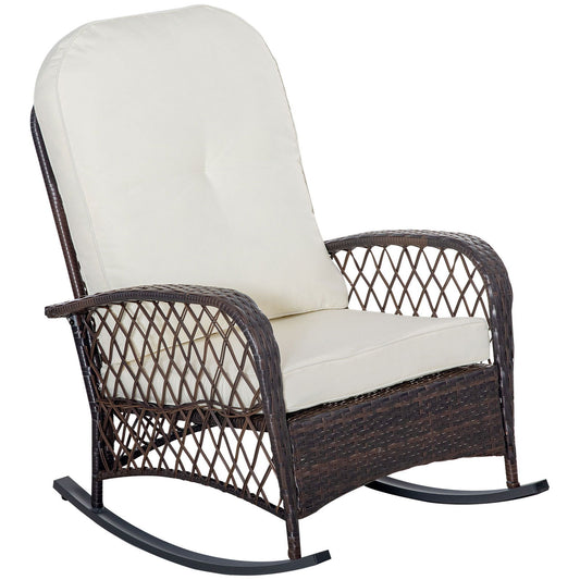 Outsunny Outdoor Wicker Rocking Chair with Wide Seat, Thick, Soft Cushion, Rattan Rocker w/Steel Frame, High Weight Capacity for Patio, Garden, Backyard, Cream White himalipasal