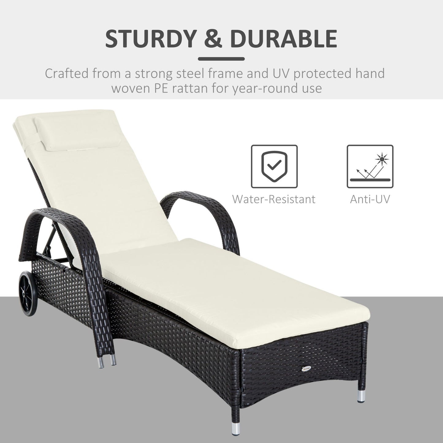 Outsunny Wicker Outdoor Chaise Lounge, 5-Level Adjustable Backrest PE Rattan Pool Lounge Chair with Wheels, Cushion & Headrest, Dark Coffee and Cream White himalipasal