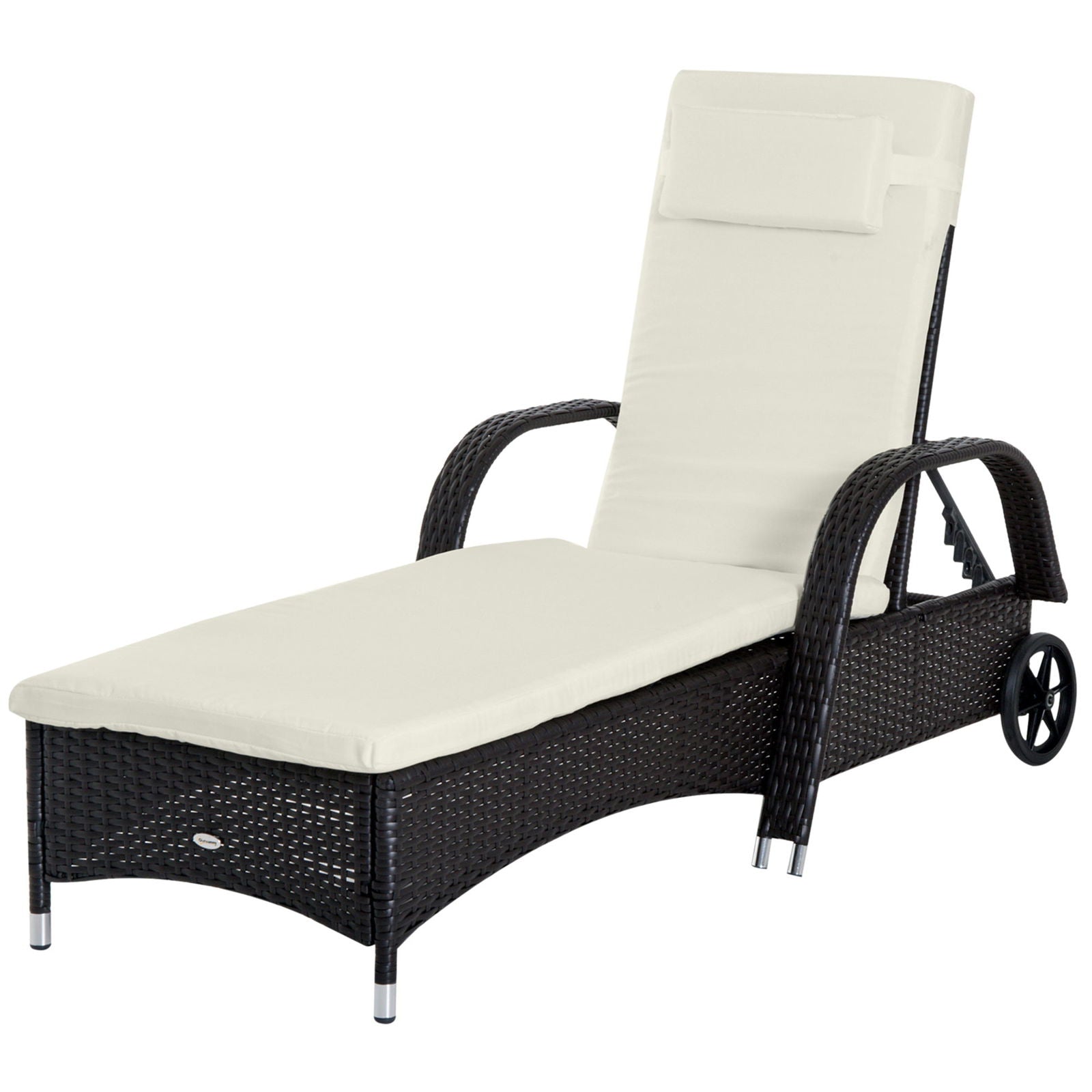 Outsunny Wicker Outdoor Chaise Lounge, 5-Level Adjustable Backrest PE Rattan Pool Lounge Chair with Wheels, Cushion & Headrest, Dark Coffee and Cream White himalipasal