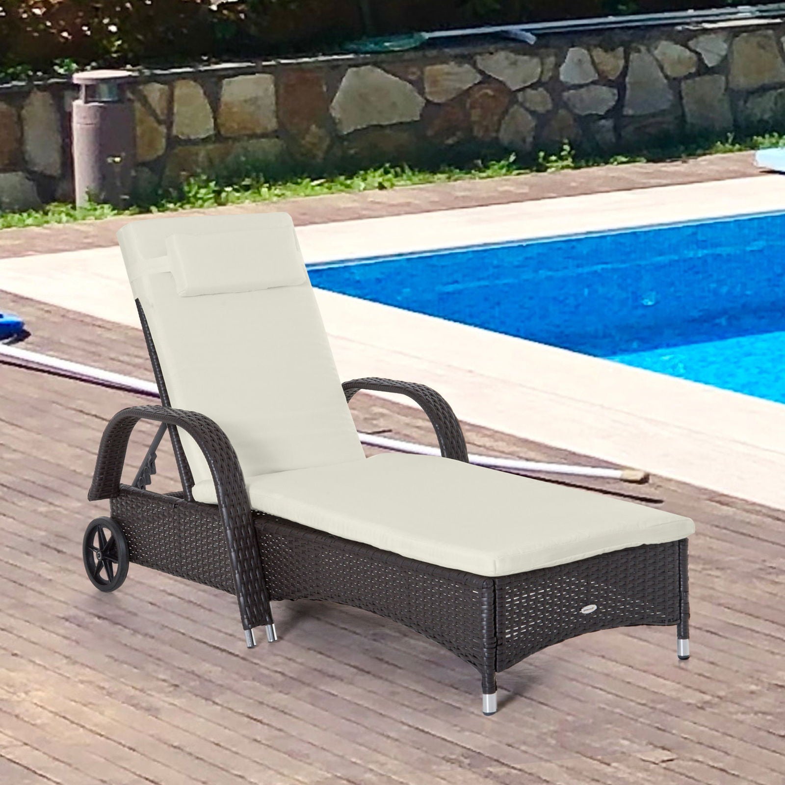 Outsunny Wicker Outdoor Chaise Lounge, 5-Level Adjustable Backrest PE Rattan Pool Lounge Chair with Wheels, Cushion & Headrest, Dark Coffee and Cream White himalipasal