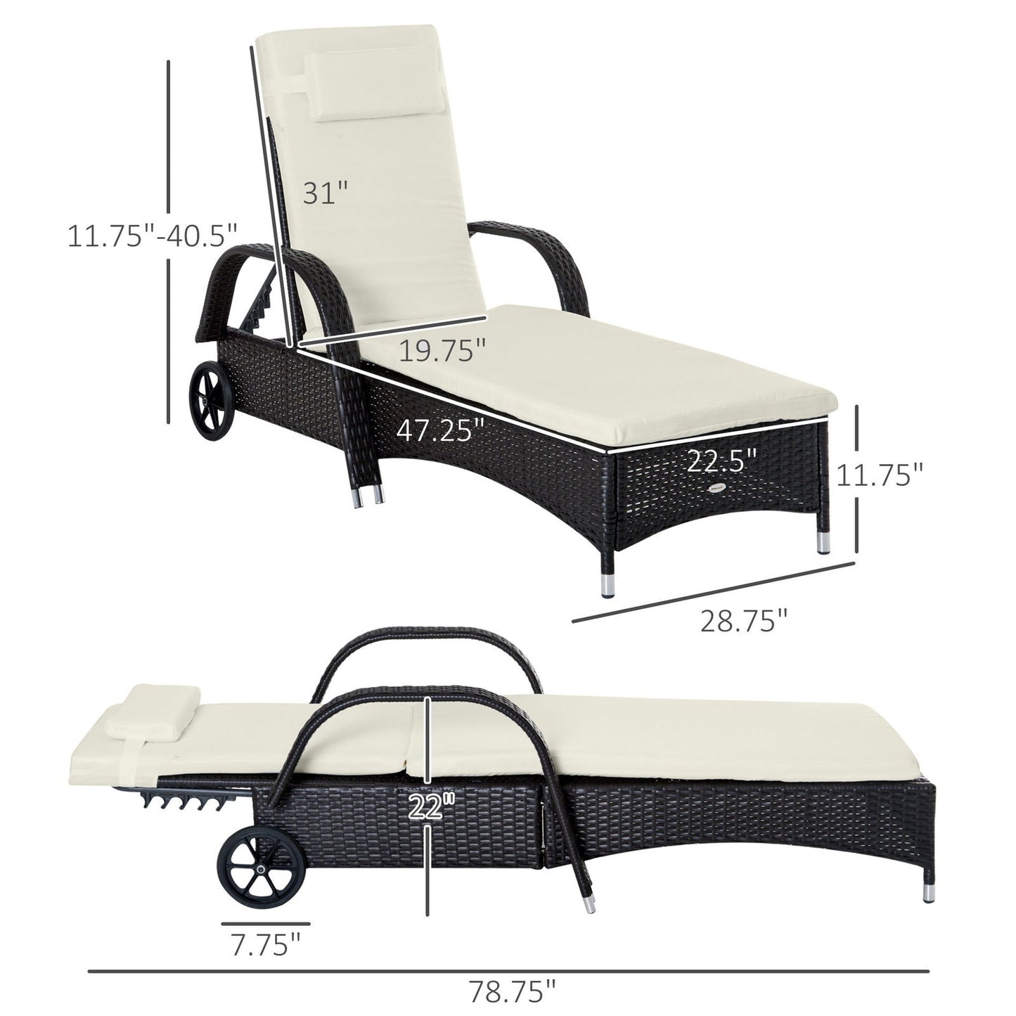 Outsunny Wicker Outdoor Chaise Lounge, 5-Level Adjustable Backrest PE Rattan Pool Lounge Chair with Wheels, Cushion & Headrest, Dark Coffee and Cream White himalipasal