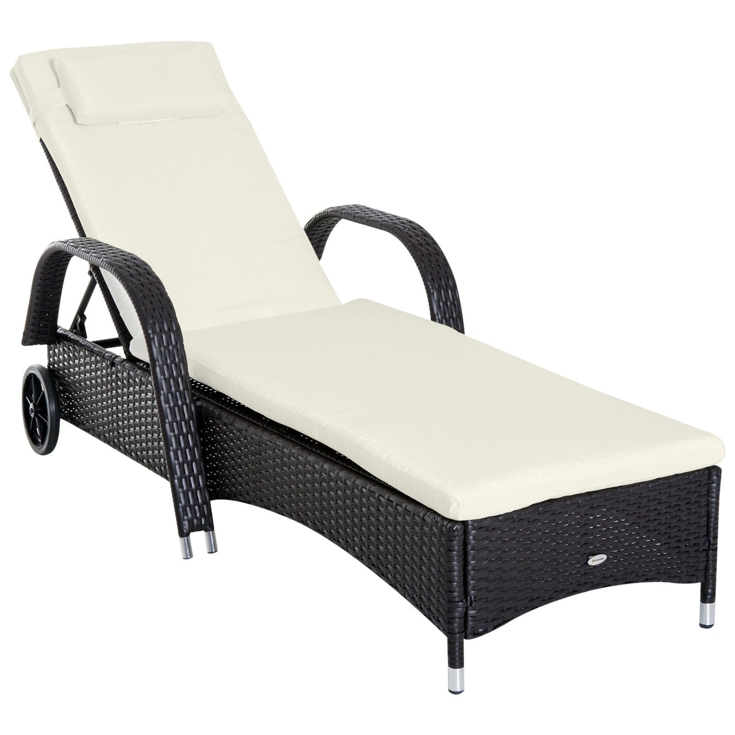 Outsunny Wicker Outdoor Chaise Lounge, 5-Level Adjustable Backrest PE Rattan Pool Lounge Chair with Wheels, Cushion & Headrest, Dark Coffee and Cream White himalipasal