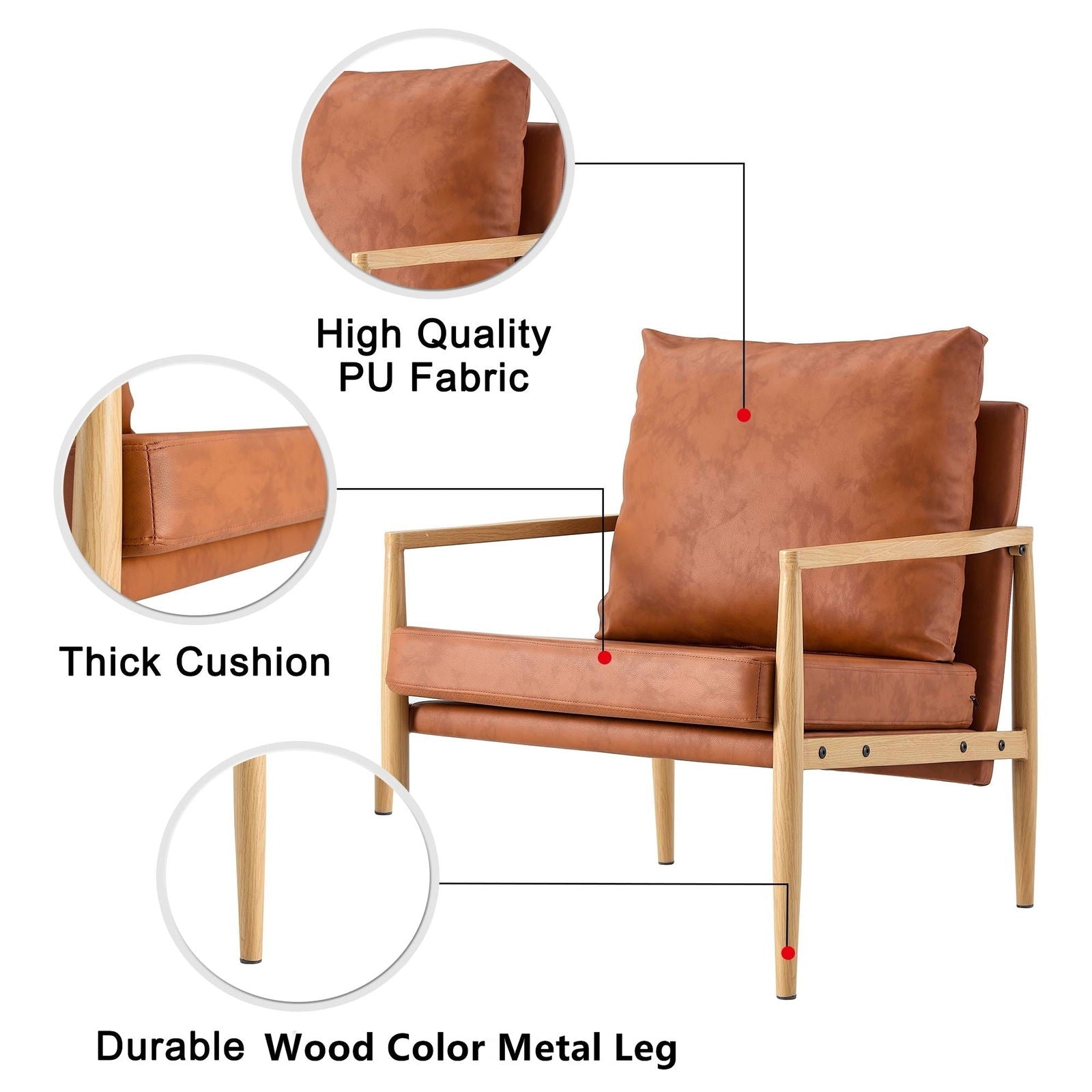 PU Leather Accent Arm Chair Mid Century Modern Upholstered Armchair with Imitation solid wood color Metal Frame Extra-Thick Padded Backrest and Seat Cushion Sofa Chairs for Living Room SF-010 himalipasal