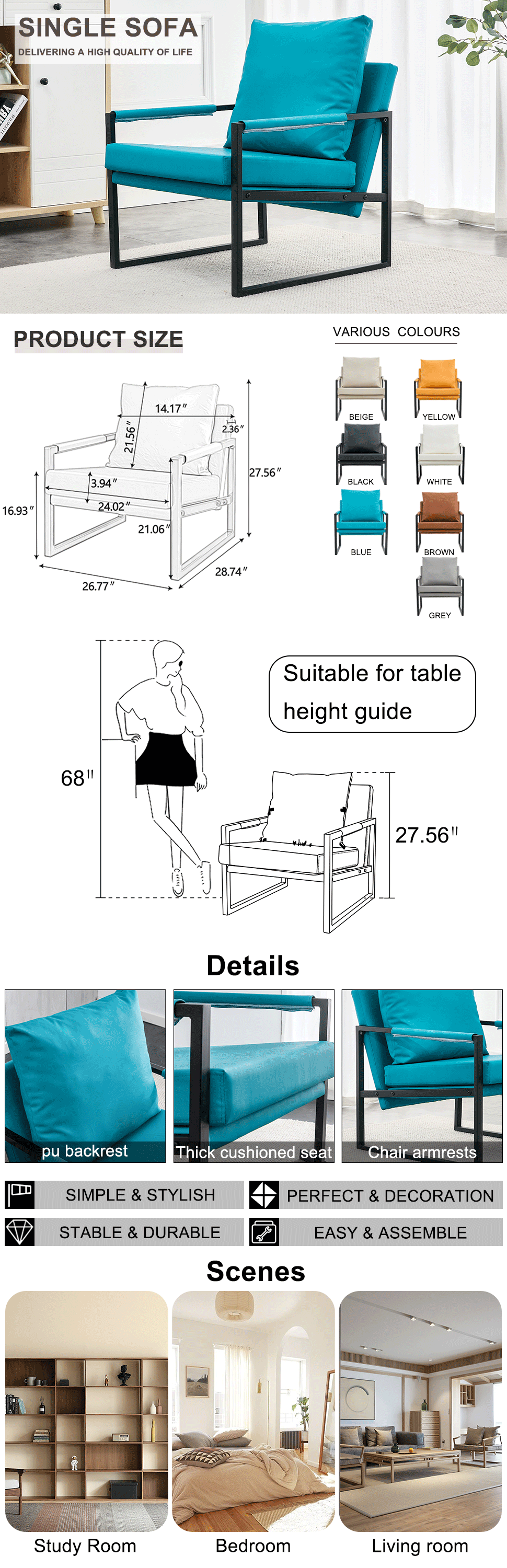 PU Leather Accent Arm Chair Mid Century Modern Upholstered Armchair with Metal Frame Extra-Thick Padded Backrest and Seat Cushion Sofa Chairs for Living Room ( Cyan PU Leather + Metal + Foam ) SF-008 himalipasal