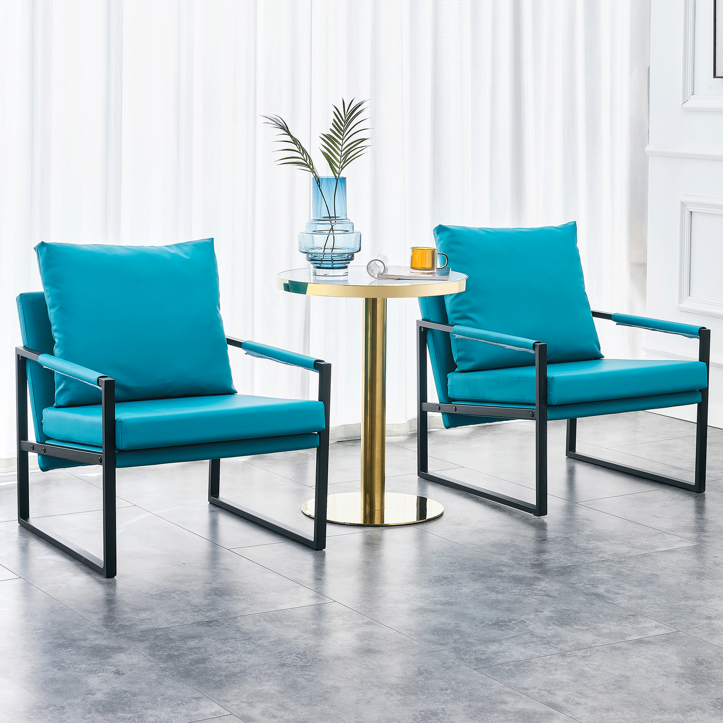 PU Leather Accent Arm Chair Mid Century Modern Upholstered Armchair with Metal Frame Extra-Thick Padded Backrest and Seat Cushion Sofa Chairs for Living Room ( Cyan PU Leather + Metal + Foam ) SF-008 himalipasal