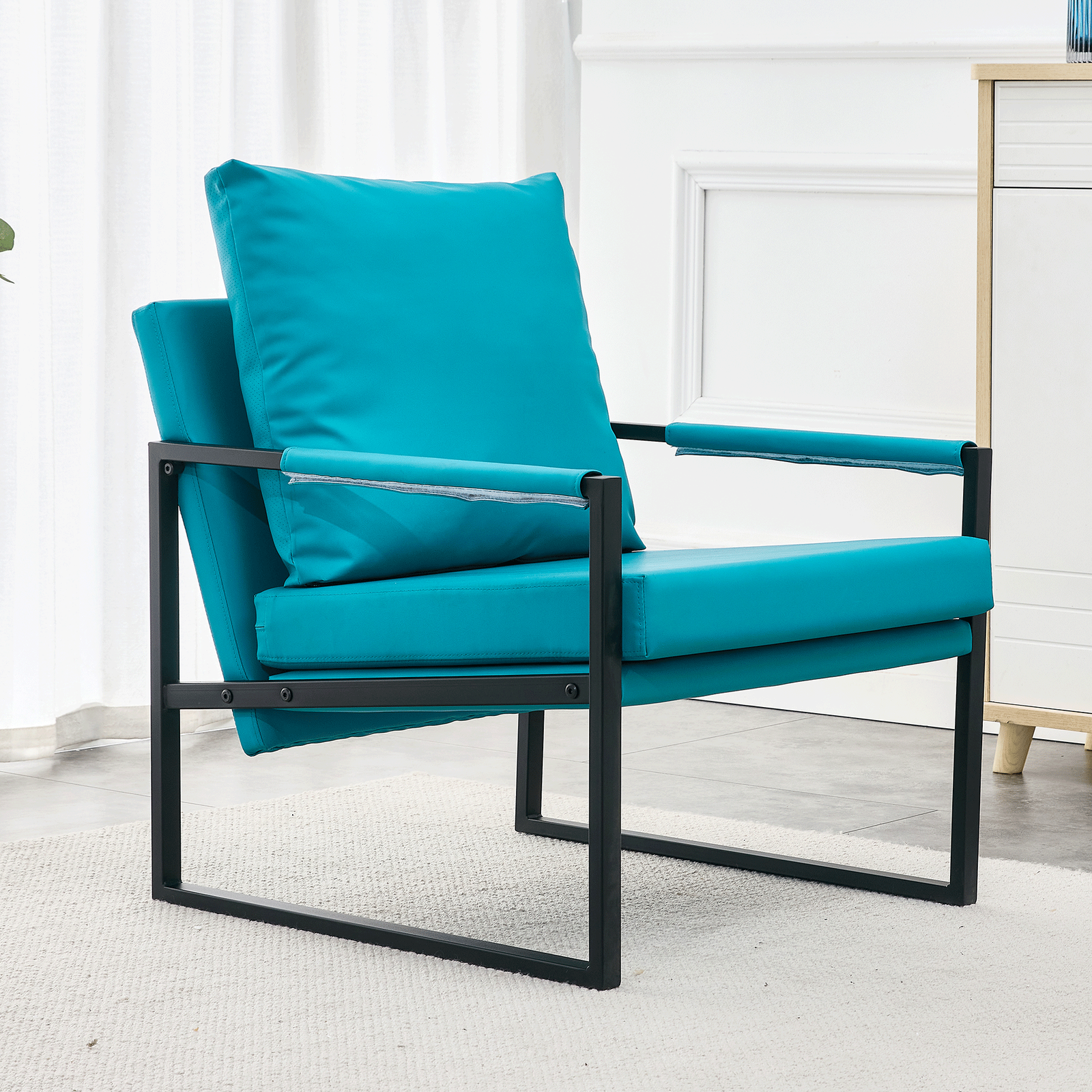 PU Leather Accent Arm Chair Mid Century Modern Upholstered Armchair with Metal Frame Extra-Thick Padded Backrest and Seat Cushion Sofa Chairs for Living Room ( Cyan PU Leather + Metal + Foam ) SF-008 himalipasal