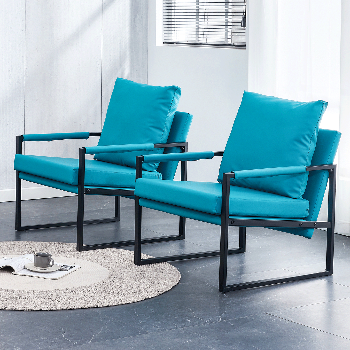 PU Leather Accent Arm Chair Mid Century Modern Upholstered Armchair with Metal Frame Extra-Thick Padded Backrest and Seat Cushion Sofa Chairs for Living Room ( Cyan PU Leather + Metal + Foam ) SF-008 himalipasal