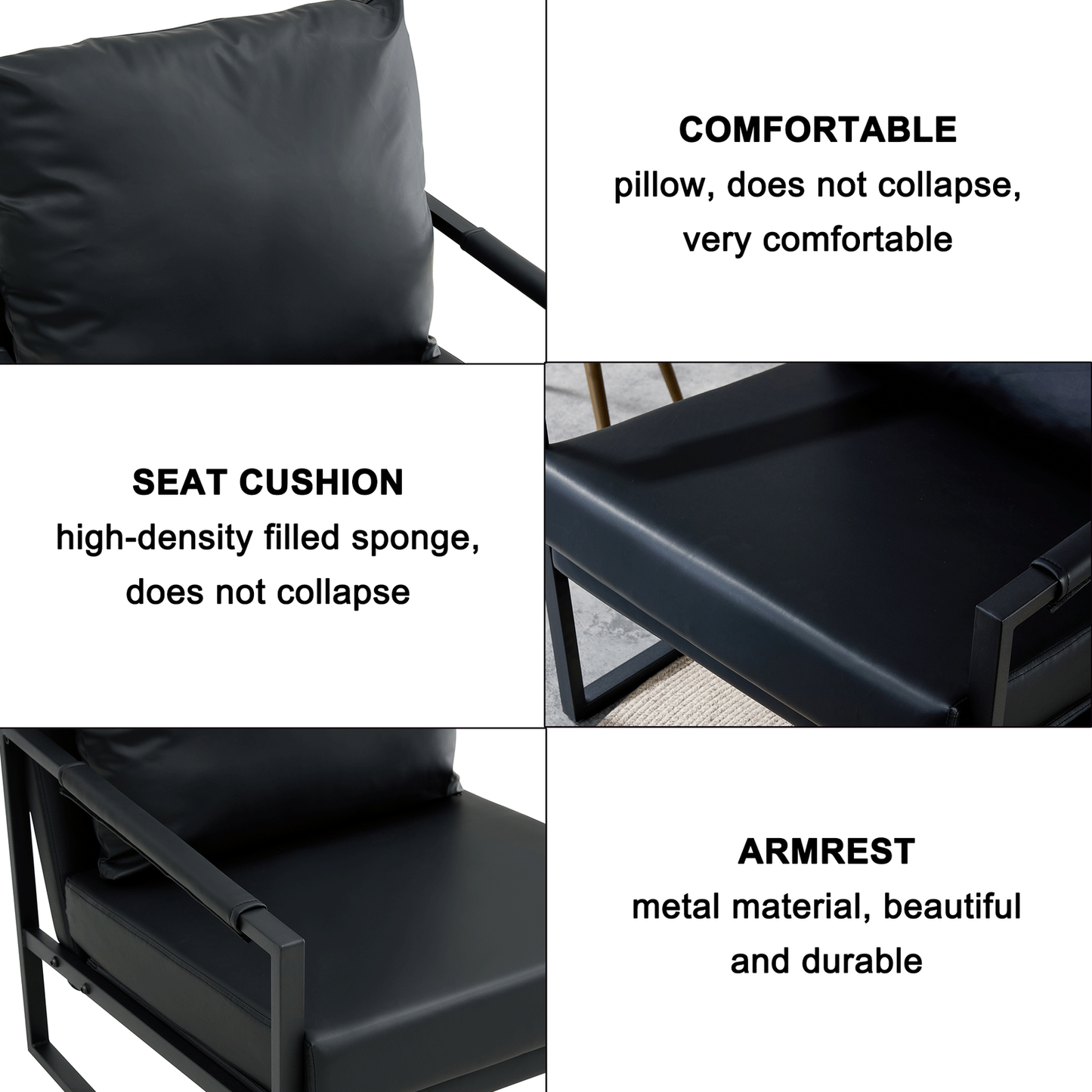 PU Leather Accent Arm Chair Mid Century Upholstered Armchair with Metal Frame Extra-Thick Padded Backrest and Seat Cushion Sofa Chairs for Living Room ( Black PU Leather + Metal Frame + Foam)SF-008 himalipasal