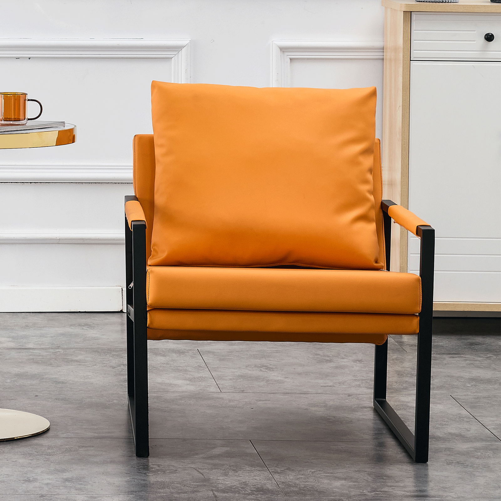 PU Leather Accent Arm Chair Mid Century Upholstered Armchair with Metal Frame Extra-Thick Padded Backrest and Seat Cushion Sofa Chairs for Living Room ( orange PU Leather + Metal Frame + Foam)SF-008 himalipasal