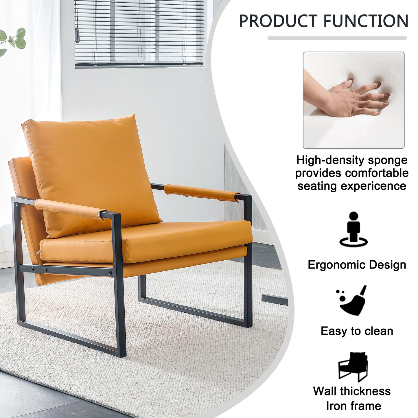 PU Leather Accent Arm Chair Mid Century Upholstered Armchair with Metal Frame Extra-Thick Padded Backrest and Seat Cushion Sofa Chairs for Living Room ( orange PU Leather + Metal Frame + Foam)SF-008 himalipasal