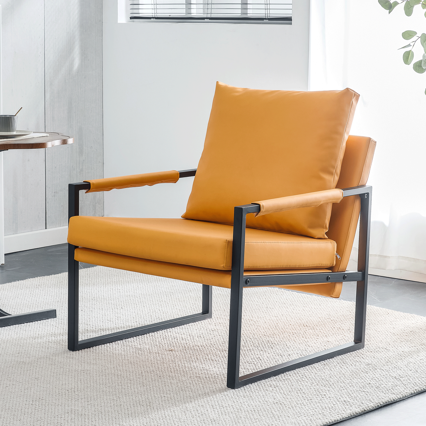 PU Leather Accent Arm Chair Mid Century Upholstered Armchair with Metal Frame Extra-Thick Padded Backrest and Seat Cushion Sofa Chairs for Living Room ( orange PU Leather + Metal Frame + Foam)SF-008 himalipasal