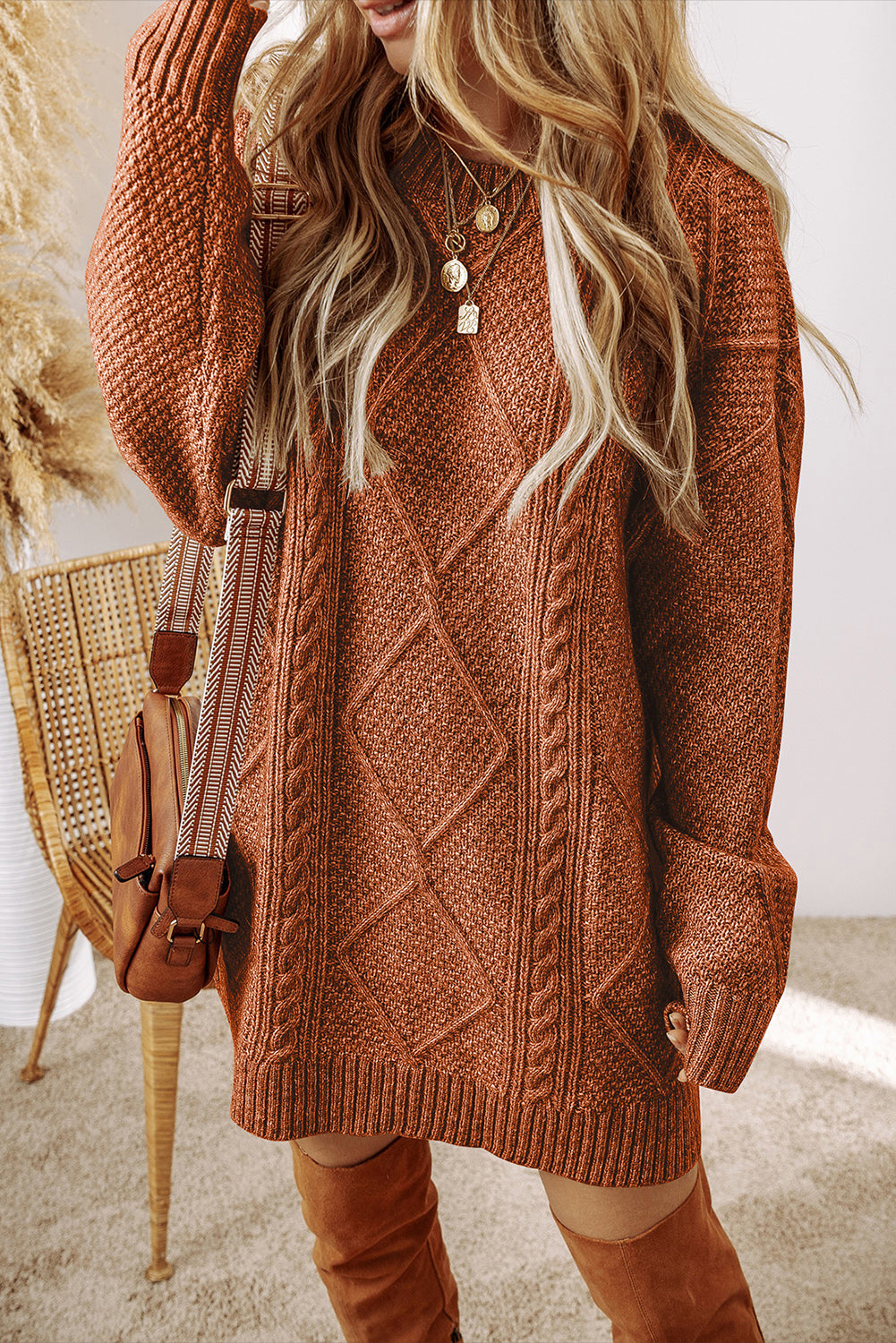 Parchment Twist Cable Knit Drop Shoulder Loose Fit Sweater Dress himalipasal