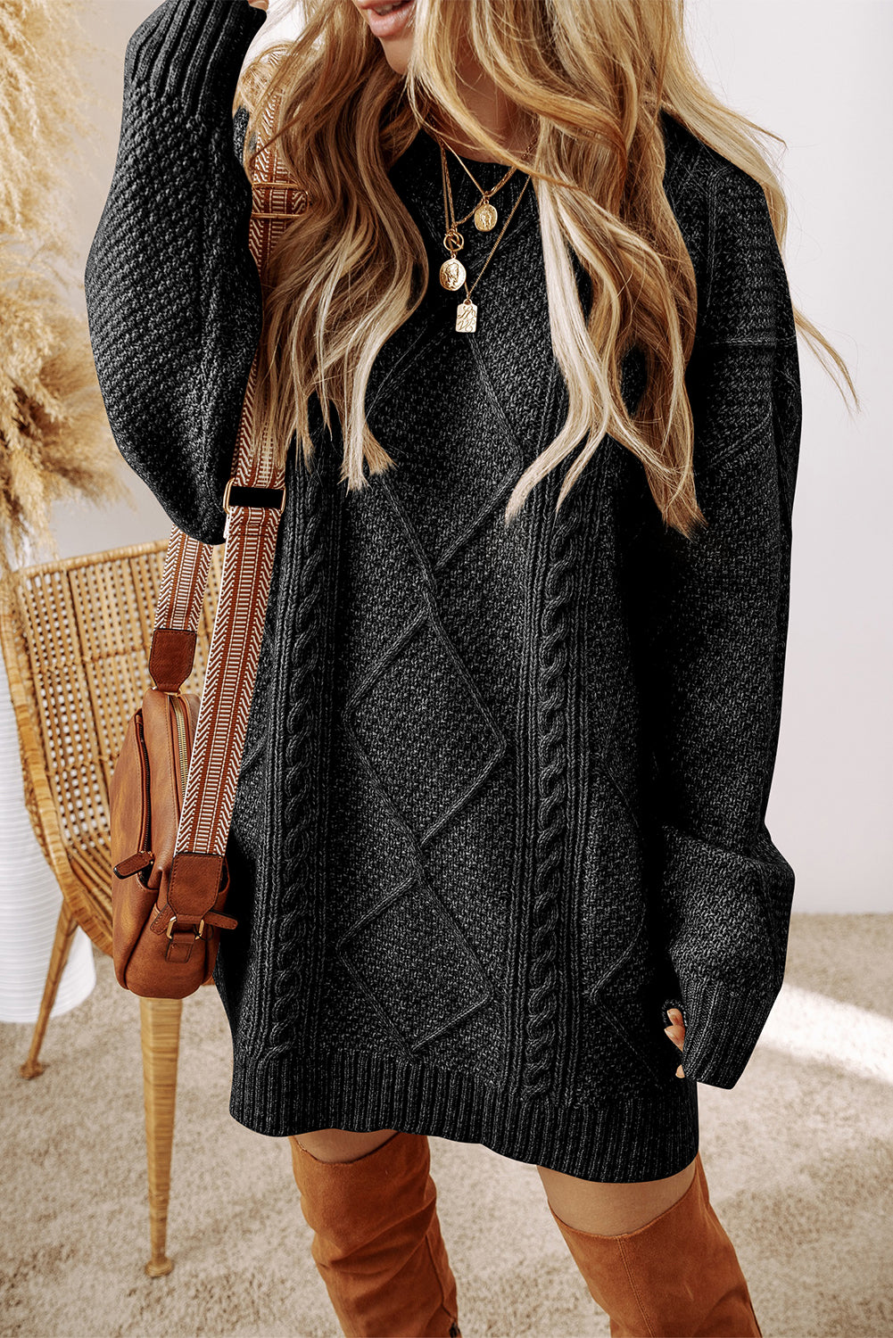 Parchment Twist Cable Knit Drop Shoulder Loose Fit Sweater Dress himalipasal