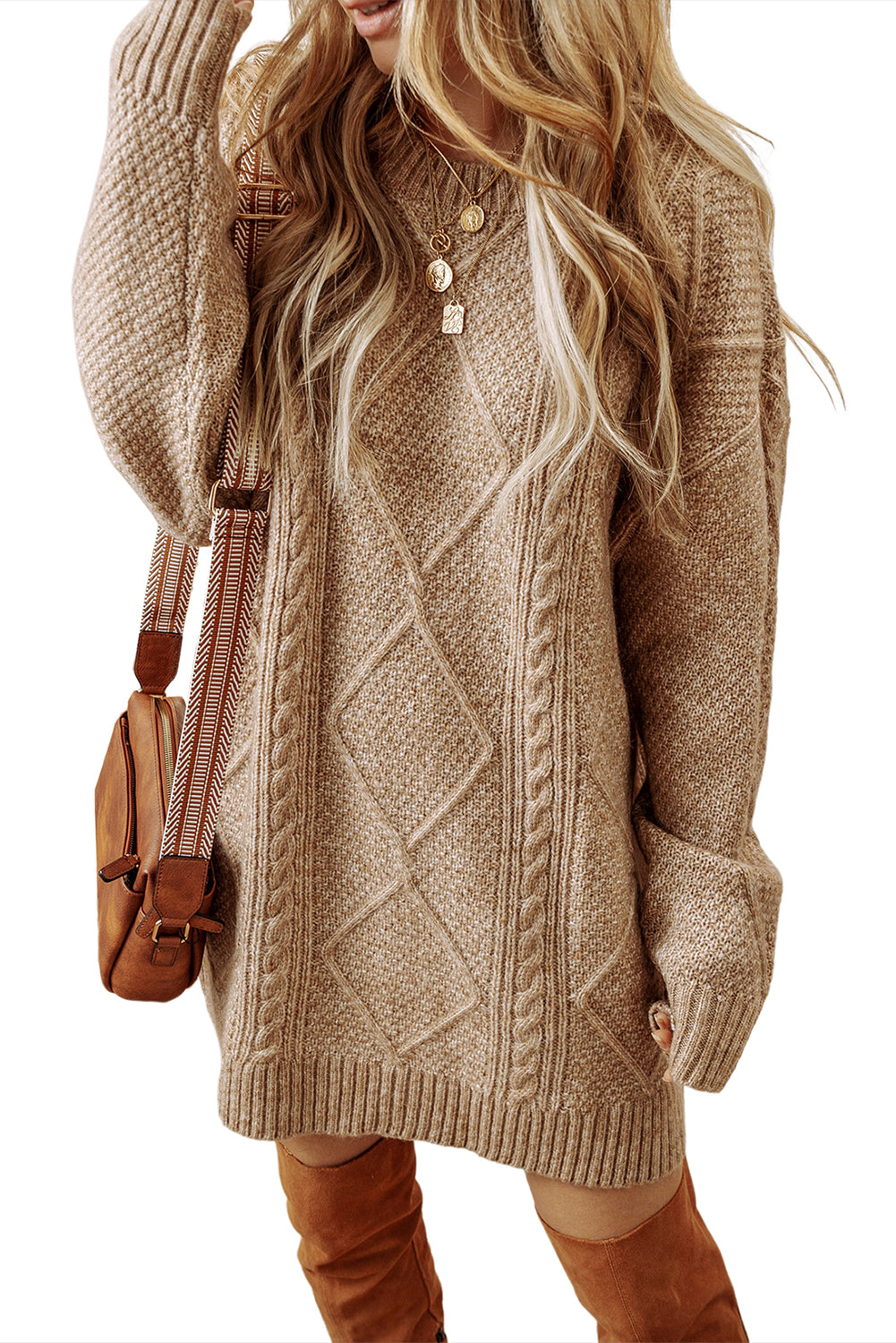 Parchment Twist Cable Knit Drop Shoulder Loose Fit Sweater Dress himalipasal