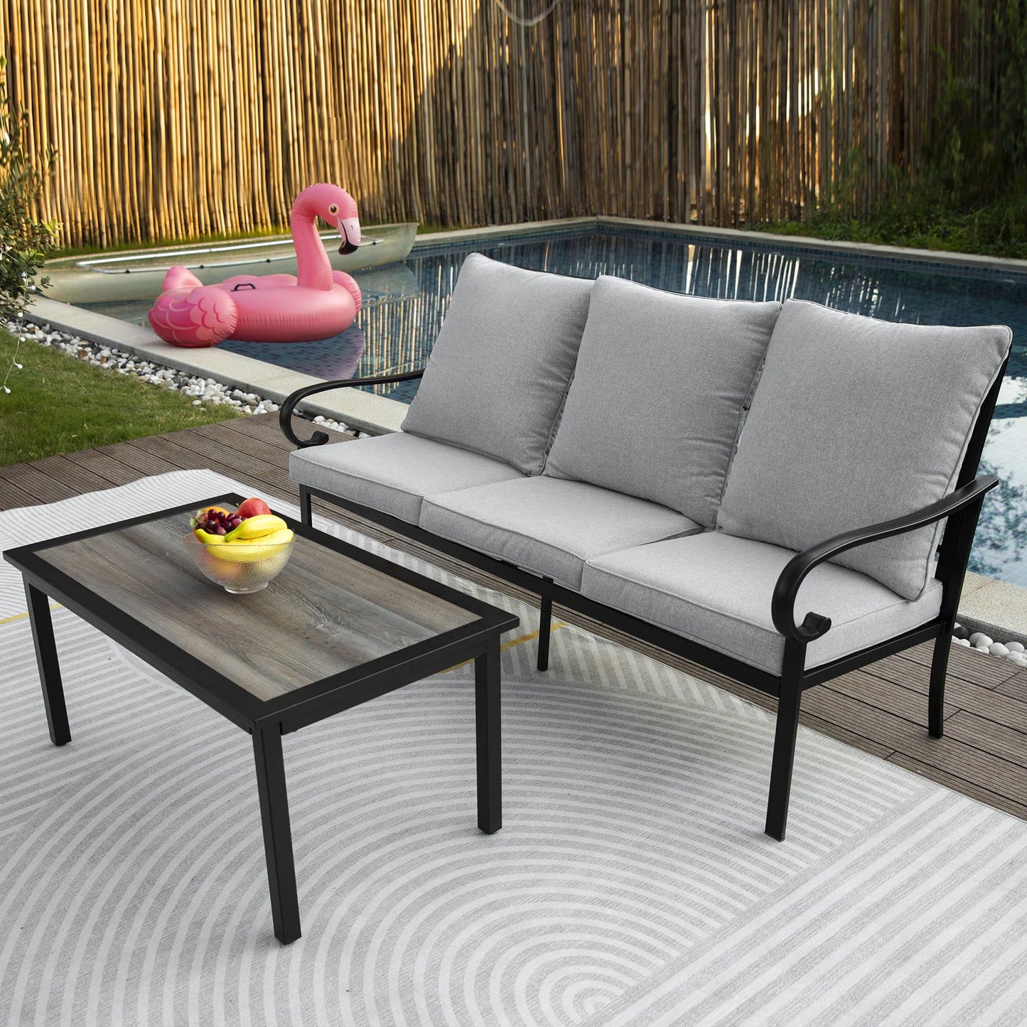 Patio 3-Seater Sofa with Table, Outdoor Conversation Furniture with Gray Cushions for Porch Balcony Deck himalipasal