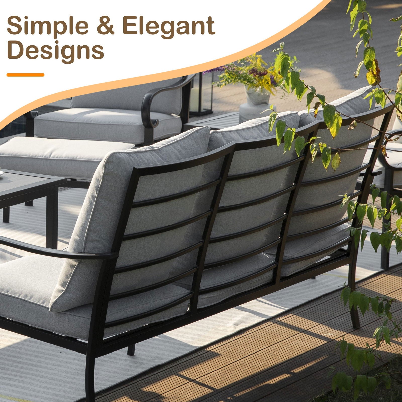 Patio 3-Seater Sofa with Table, Outdoor Conversation Furniture with Gray Cushions for Porch Balcony Deck himalipasal