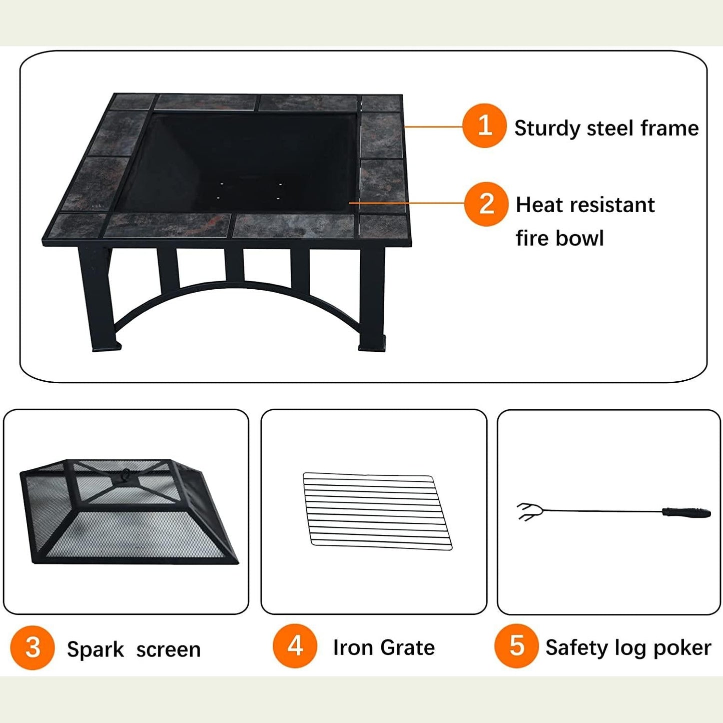 Patio Fire Pits for Outside 35'' Wood Burning Square Marble Tile Tabletop Fire Tables himalipasal