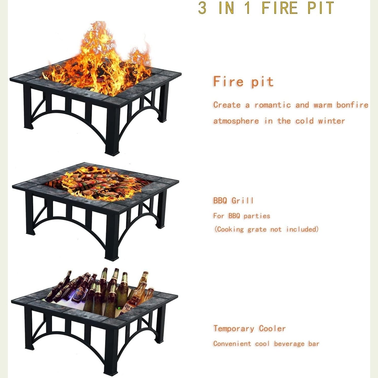 Patio Fire Pits for Outside 35'' Wood Burning Square Marble Tile Tabletop Fire Tables himalipasal