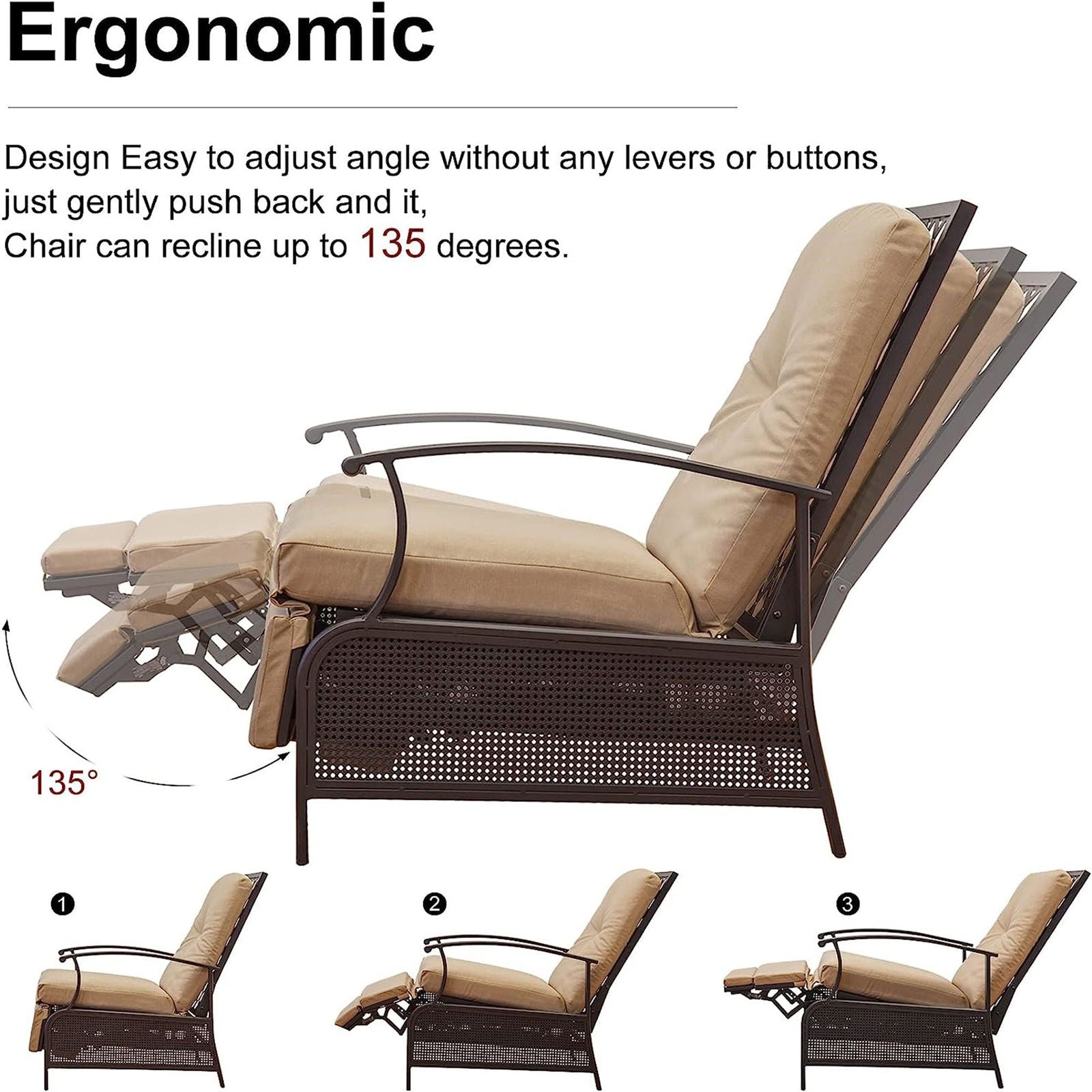 Patio Recliner Chair with Cushions,Outdoor Adjustable Lounge Chair,Reclining Patio Chairs with Strong Extendable Metal Frame for Reading,Garden,Lawn (Khaki, 1 Chair) himalipasal