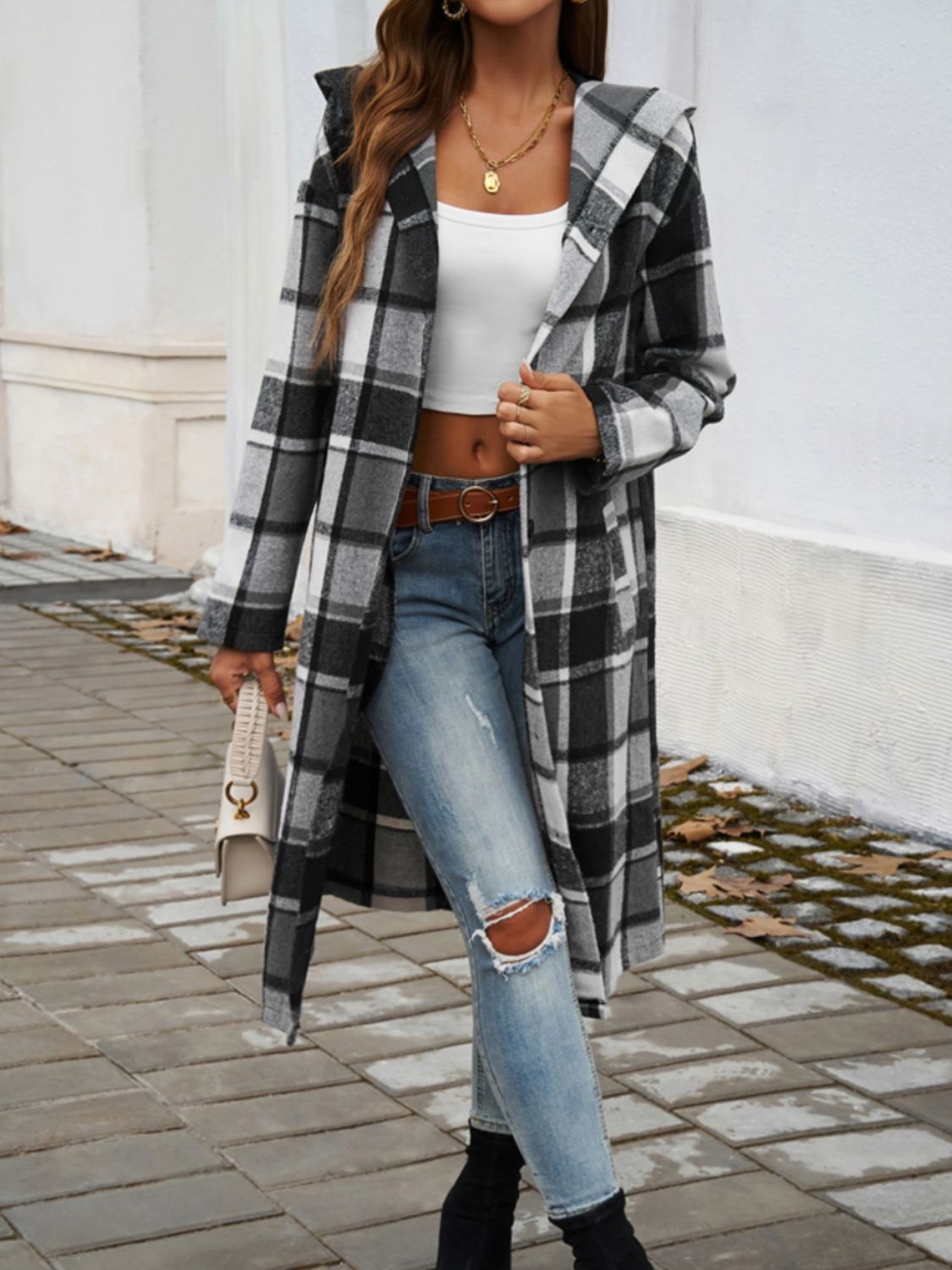 Plaid Long Sleeve Hooded Coat himalipasal