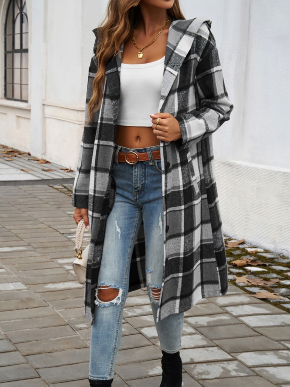 Plaid Long Sleeve Hooded Coat himalipasal