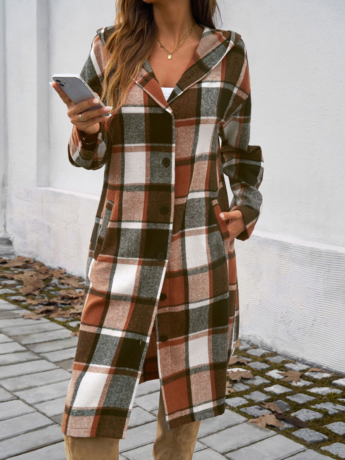 Plaid Long Sleeve Hooded Coat himalipasal