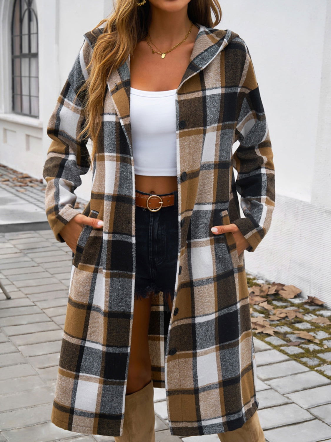 Plaid Long Sleeve Hooded Coat himalipasal