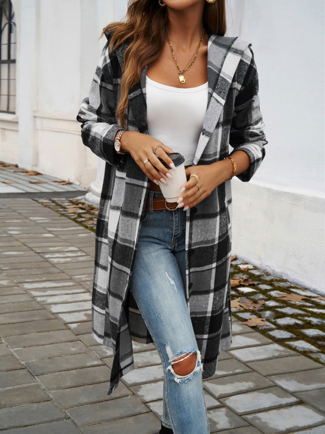 Plaid Long Sleeve Hooded Coat himalipasal