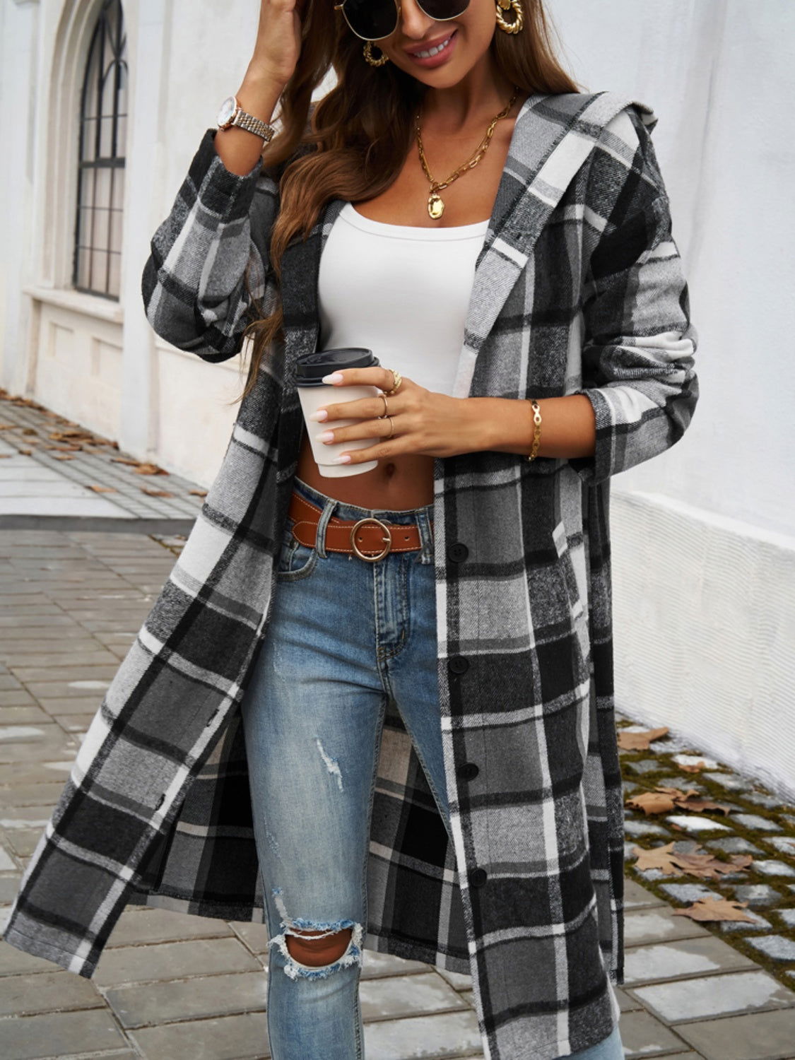 Plaid Long Sleeve Hooded Coat himalipasal