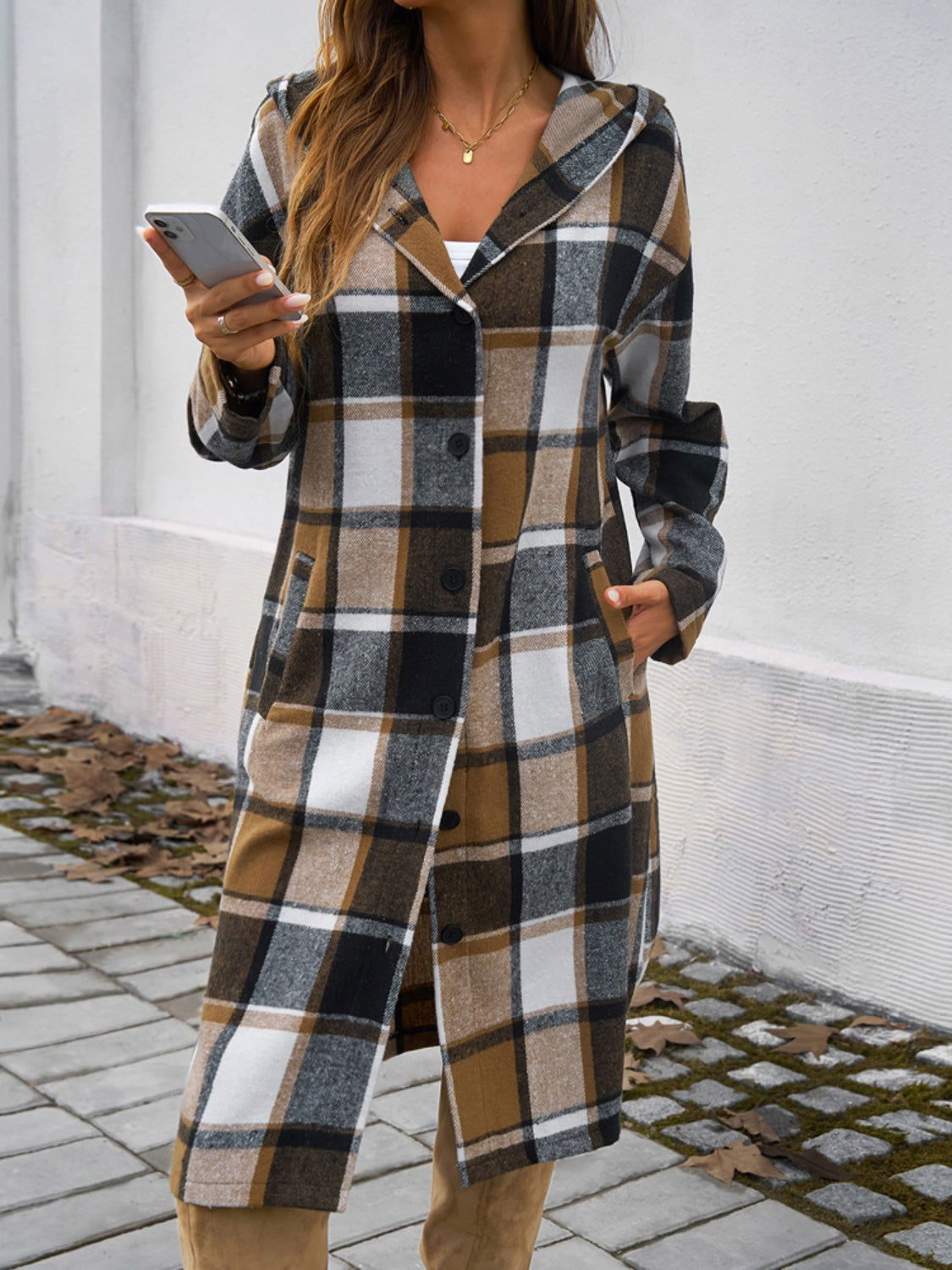 Plaid Long Sleeve Hooded Coat himalipasal