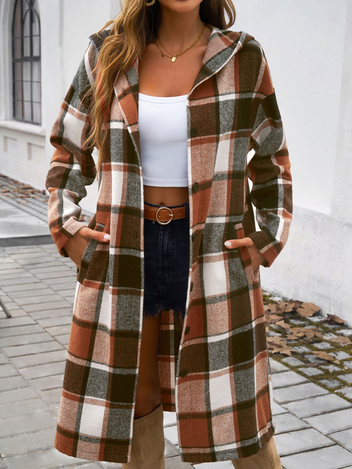 Plaid Long Sleeve Hooded Coat himalipasal