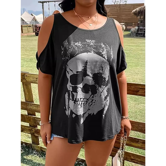 Plus Size Skeleton Graphic Round Neck Cold Shoulder T-Shirt himalipasal