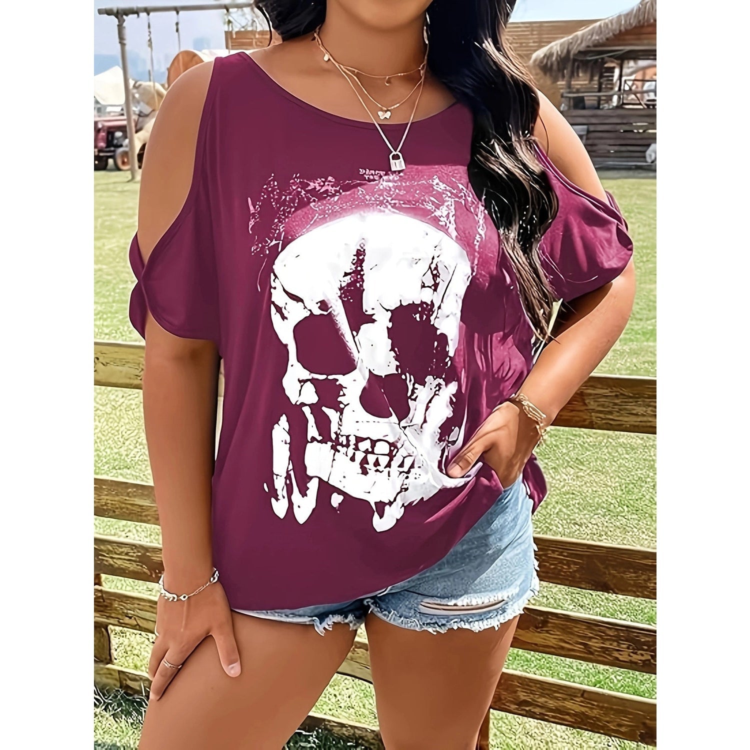 Plus Size Skeleton Graphic Round Neck Cold Shoulder T-Shirt himalipasal