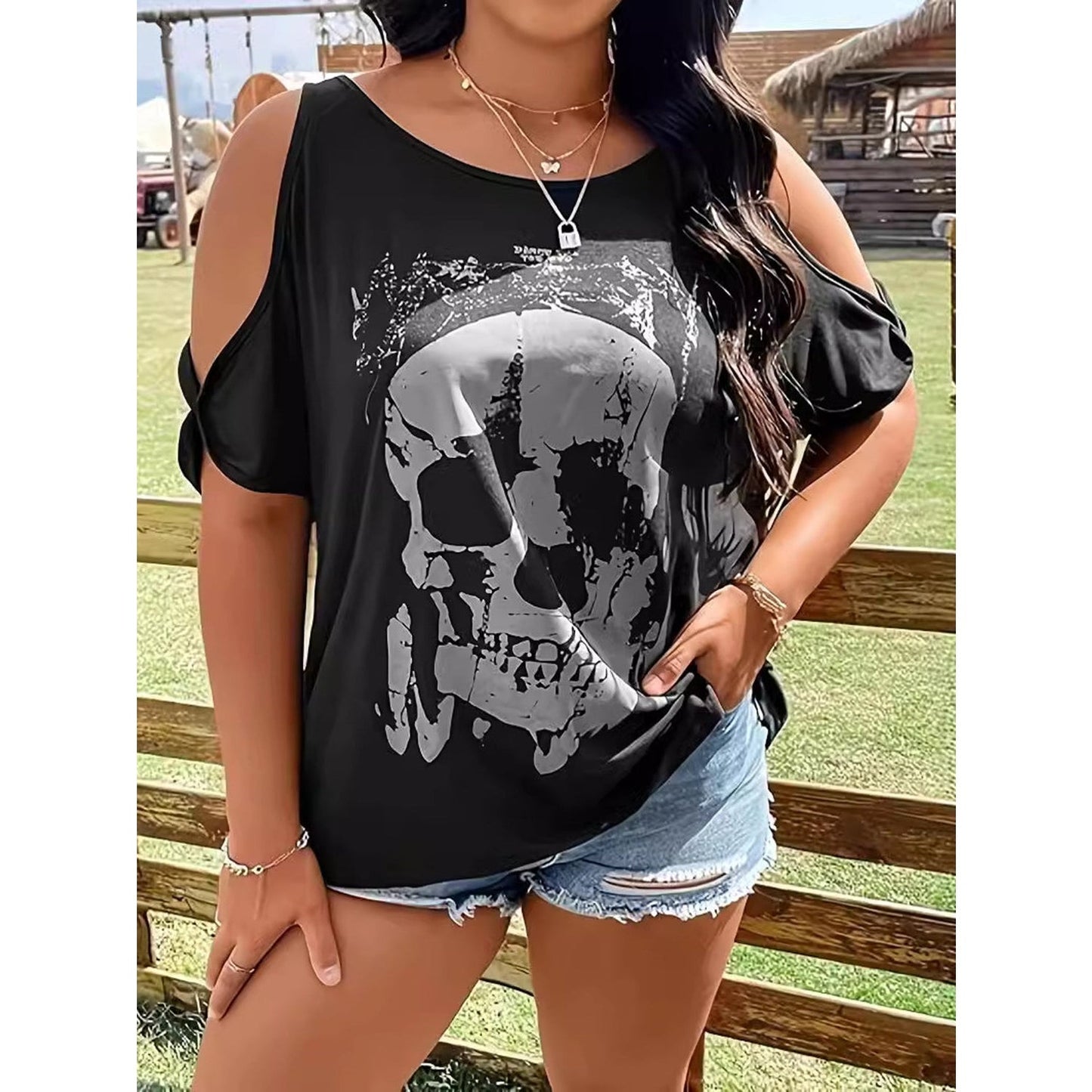 Plus Size Skeleton Graphic Round Neck Cold Shoulder T-Shirt himalipasal