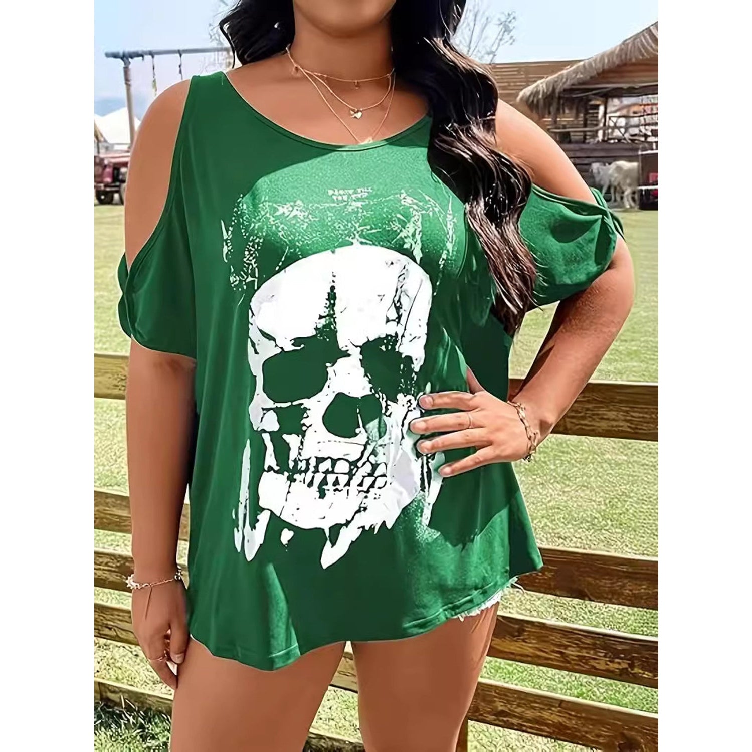 Plus Size Skeleton Graphic Round Neck Cold Shoulder T-Shirt himalipasal