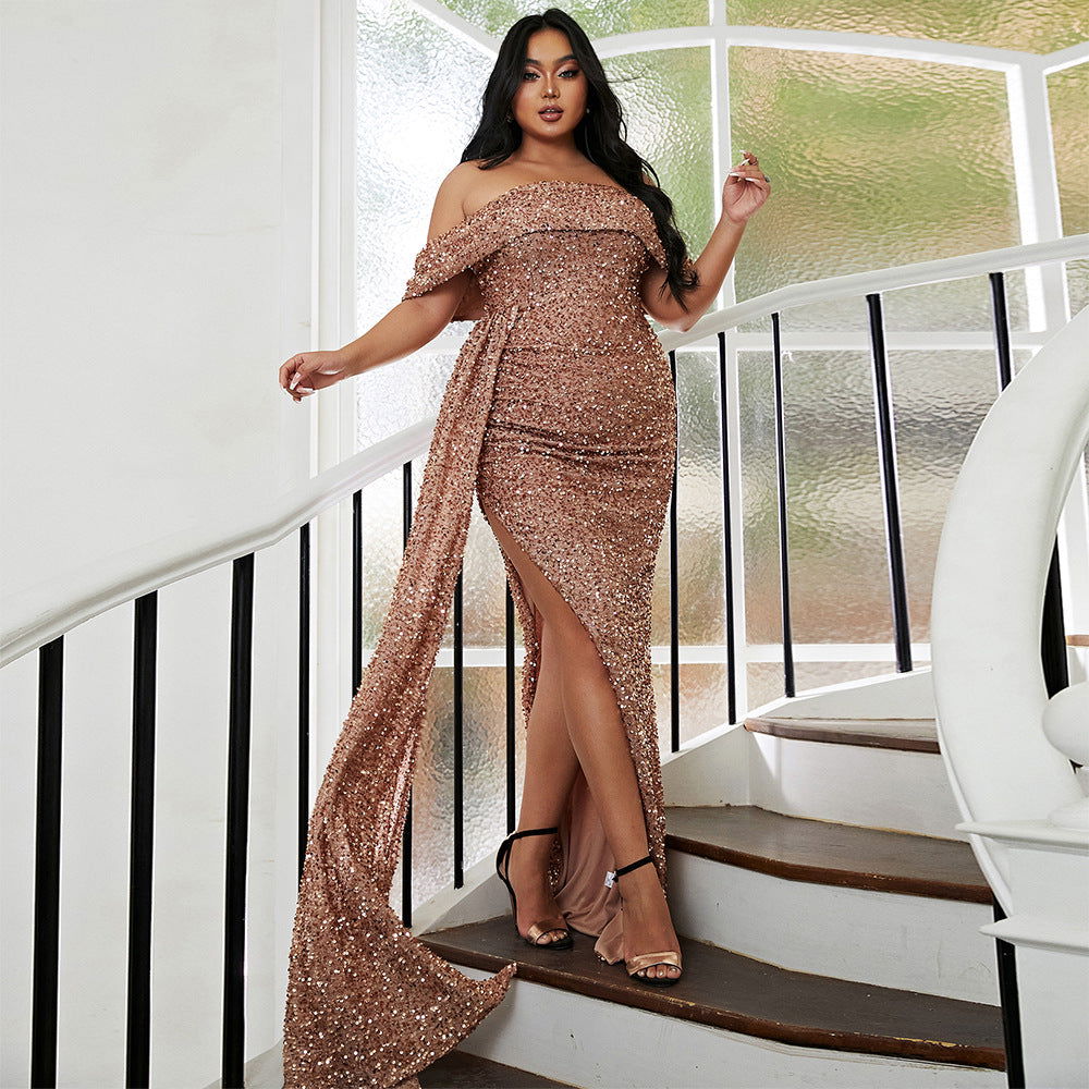 Plus Size Women Long Wedding Party Cocktail Light Sequined Evening Dress himalipasal