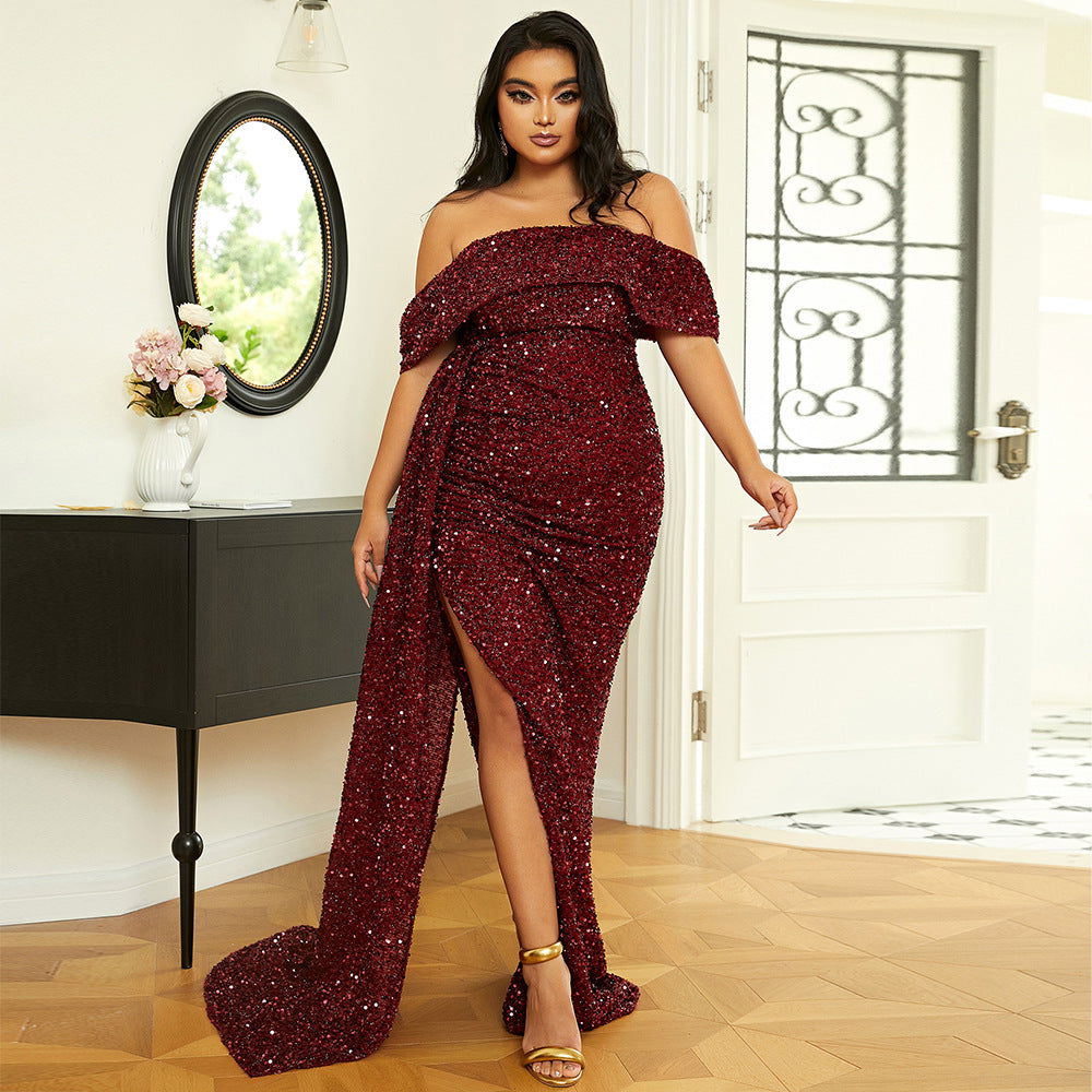 Plus Size Women Long Wedding Party Cocktail Light Sequined Evening Dress himalipasal