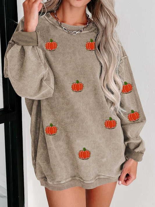 Pumpkin Round Neck Long Sleeve Sweatshirt himalipasal