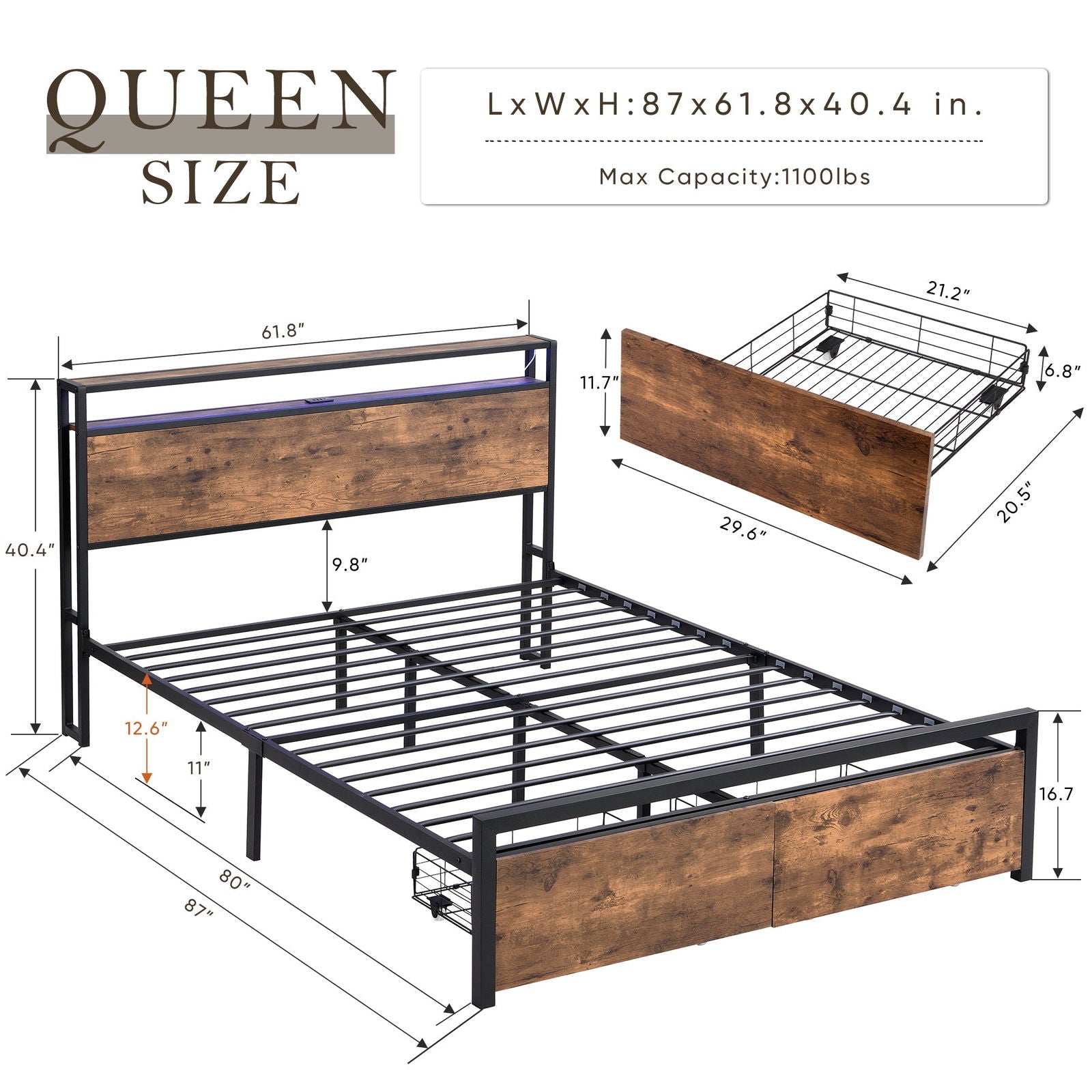 Queen Size Bed Frame with Storage Headboard and 2 Drawers, LED Lights Bed with Charging Station, Metal Platform Bed No Noise, Mattress Foundation Strong Metal Slats Support No Box Spring Needed himalipasal