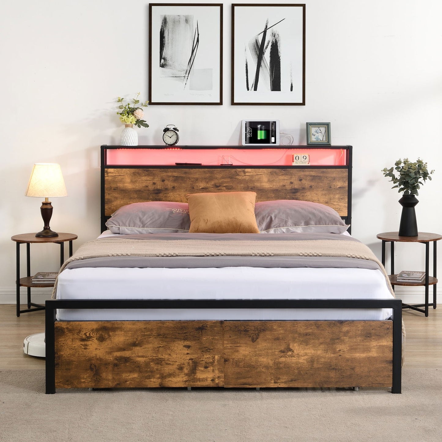 Queen Size Bed Frame with Storage Headboard and 2 Drawers, LED Lights Bed with Charging Station, Metal Platform Bed No Noise, Mattress Foundation Strong Metal Slats Support No Box Spring Needed himalipasal