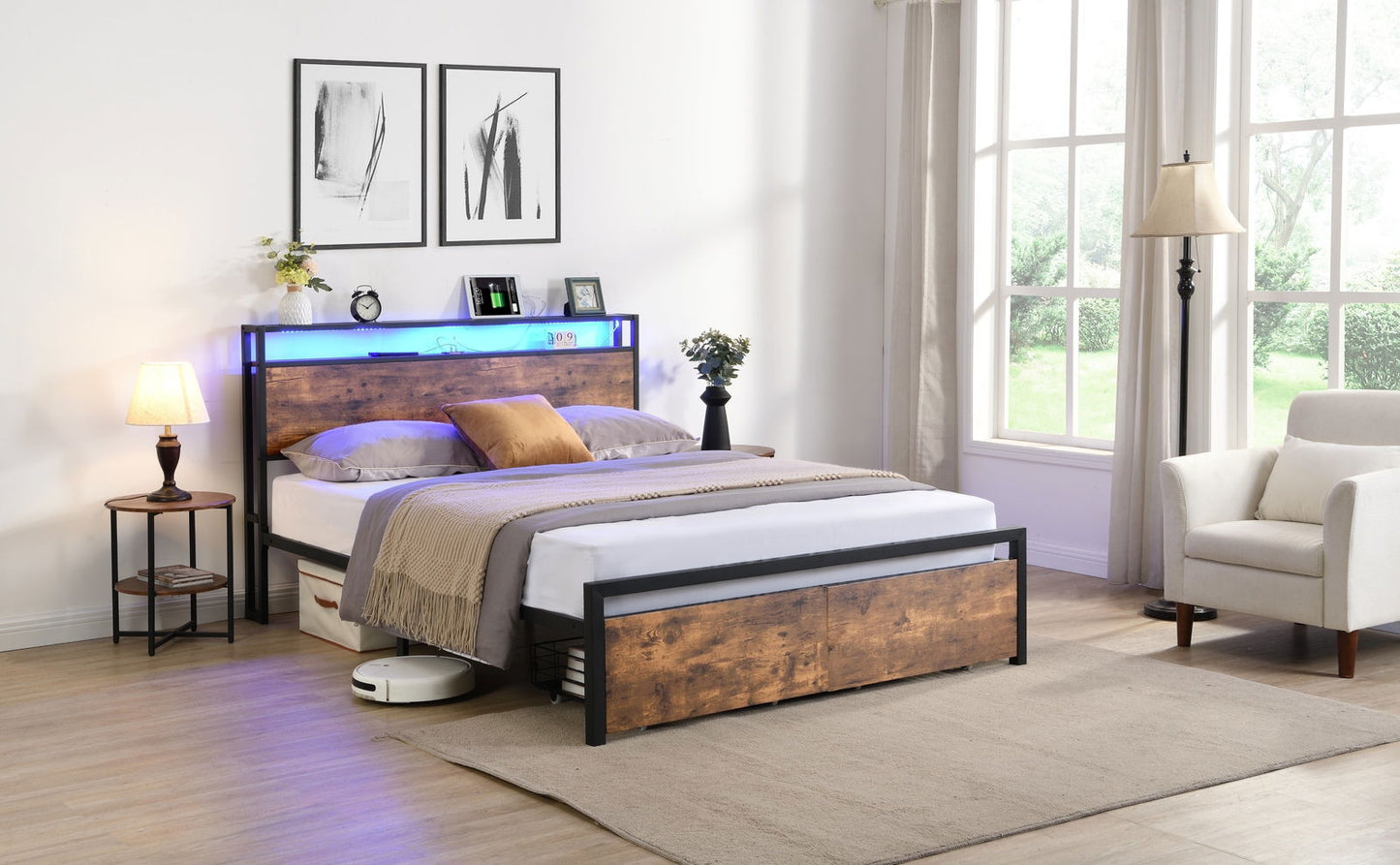 Queen Size Bed Frame with Storage Headboard and 2 Drawers, LED Lights Bed with Charging Station, Metal Platform Bed No Noise, Mattress Foundation Strong Metal Slats Support No Box Spring Needed himalipasal