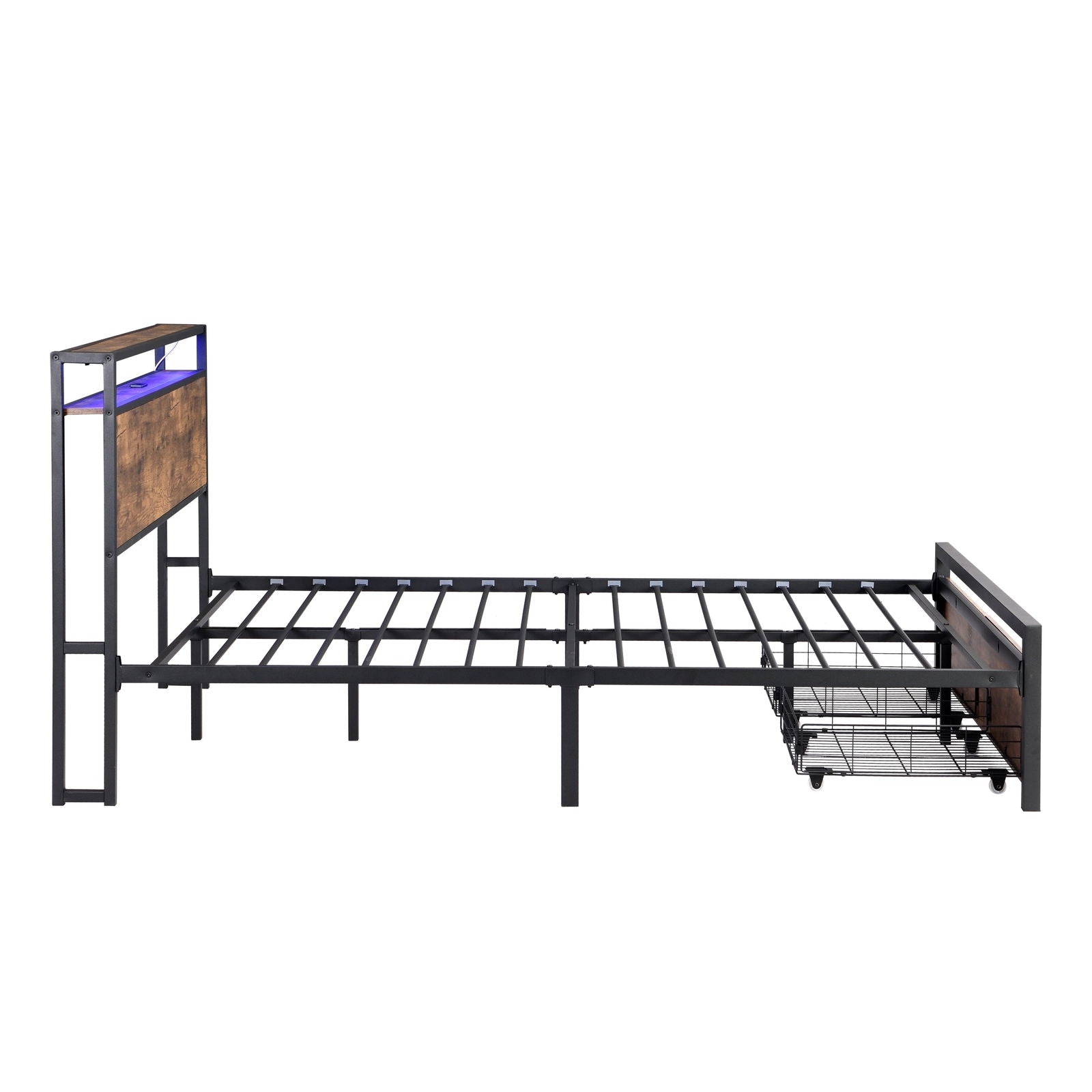 Queen Size Bed Frame with Storage Headboard and 2 Drawers, LED Lights Bed with Charging Station, Metal Platform Bed No Noise, Mattress Foundation Strong Metal Slats Support No Box Spring Needed himalipasal