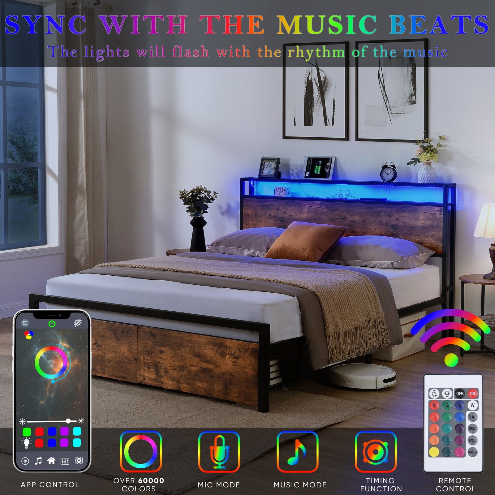 Queen Size Bed Frame with Storage Headboard and 2 Drawers, LED Lights Bed with Charging Station, Metal Platform Bed No Noise, Mattress Foundation Strong Metal Slats Support No Box Spring Needed himalipasal