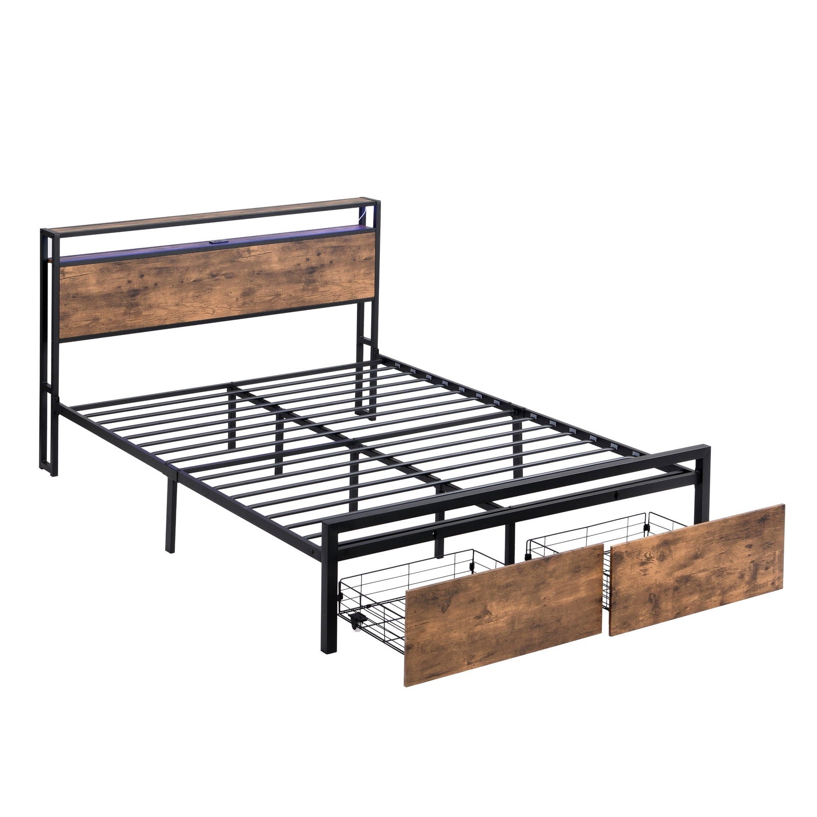 Queen Size Bed Frame with Storage Headboard and 2 Drawers, LED Lights Bed with Charging Station, Metal Platform Bed No Noise, Mattress Foundation Strong Metal Slats Support No Box Spring Needed himalipasal