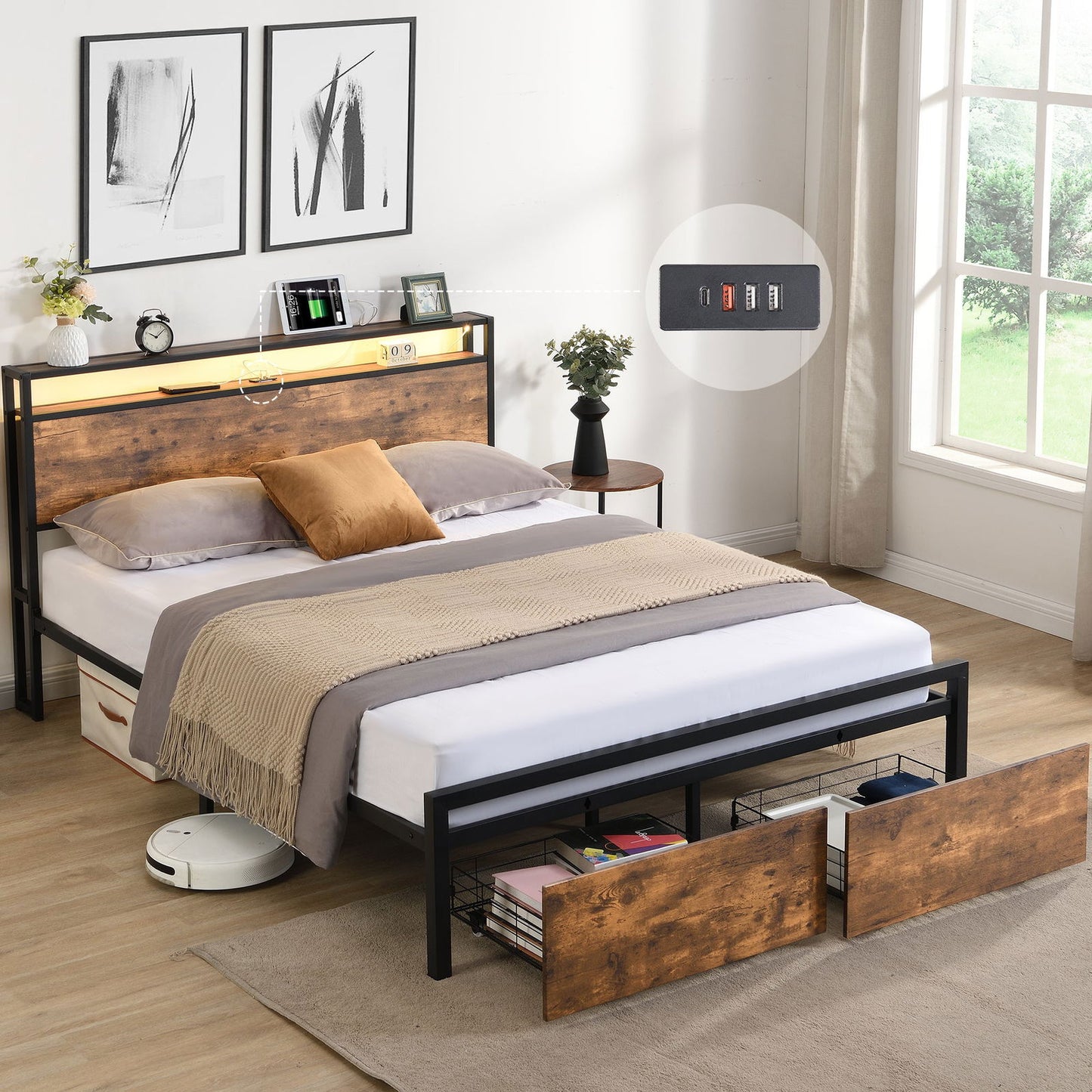 Queen Size Bed Frame with Storage Headboard and 2 Drawers, LED Lights Bed with Charging Station, Metal Platform Bed No Noise, Mattress Foundation Strong Metal Slats Support No Box Spring Needed himalipasal