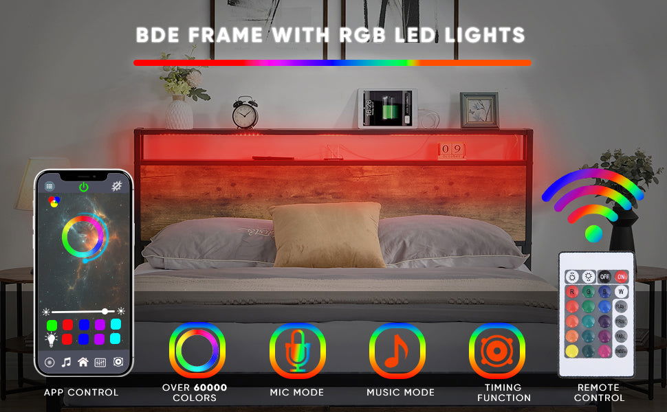 Queen Size Bed Frame with Storage Headboard and 2 Drawers, LED Lights Bed with Charging Station, Metal Platform Bed No Noise, Mattress Foundation Strong Metal Slats Support No Box Spring Needed himalipasal