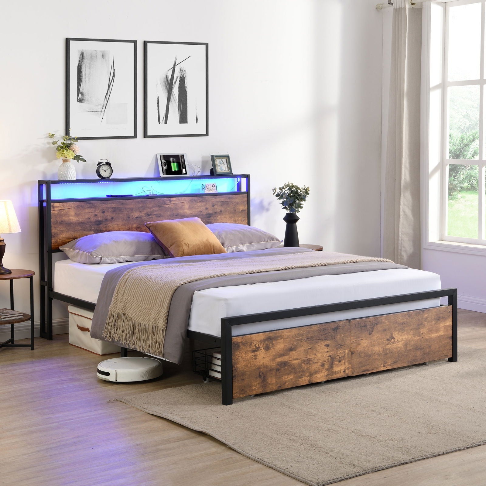 Queen Size Bed Frame with Storage Headboard and 2 Drawers, LED Lights Bed with Charging Station, Metal Platform Bed No Noise, Mattress Foundation Strong Metal Slats Support No Box Spring Needed himalipasal