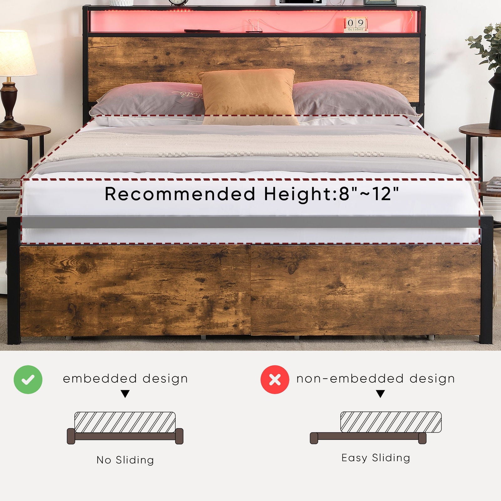 Queen Size Bed Frame with Storage Headboard and 2 Drawers, LED Lights Bed with Charging Station, Metal Platform Bed No Noise, Mattress Foundation Strong Metal Slats Support No Box Spring Needed himalipasal